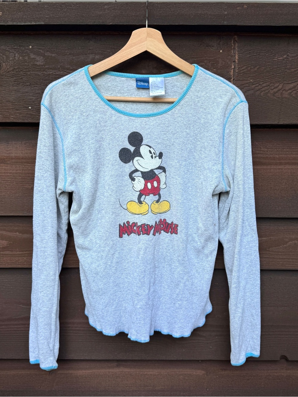 Disney Light Gray Long-Sleeve Mickey Mouse Tee with Blue Trim